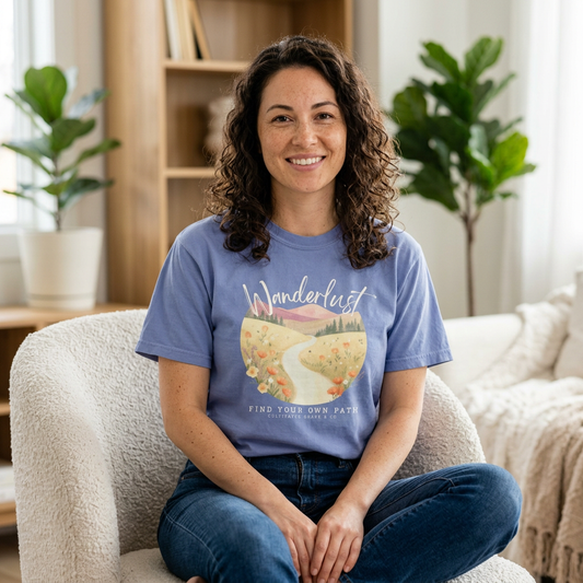 A woman sitting in a cozy beige armchair wearing a periwinkle blue graphic t-shirt with a 'Wanderlust' travel illustration. The background shows a softly lit living room with wooden bookshelves and potted green plants.
