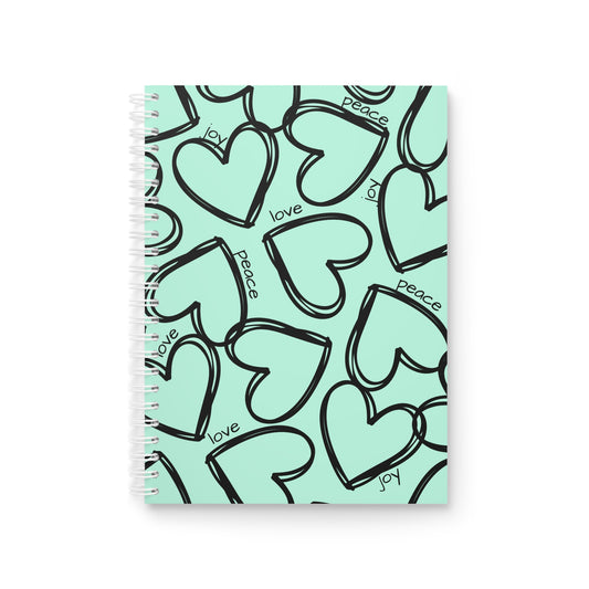 Heart Pattern Spiral Notebook — Mint Green Love, Peace & Joy Journal