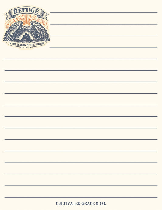 Refuge lined notepad by Cultivated Grace & Co. with a mountain sunrise badge and peach rules