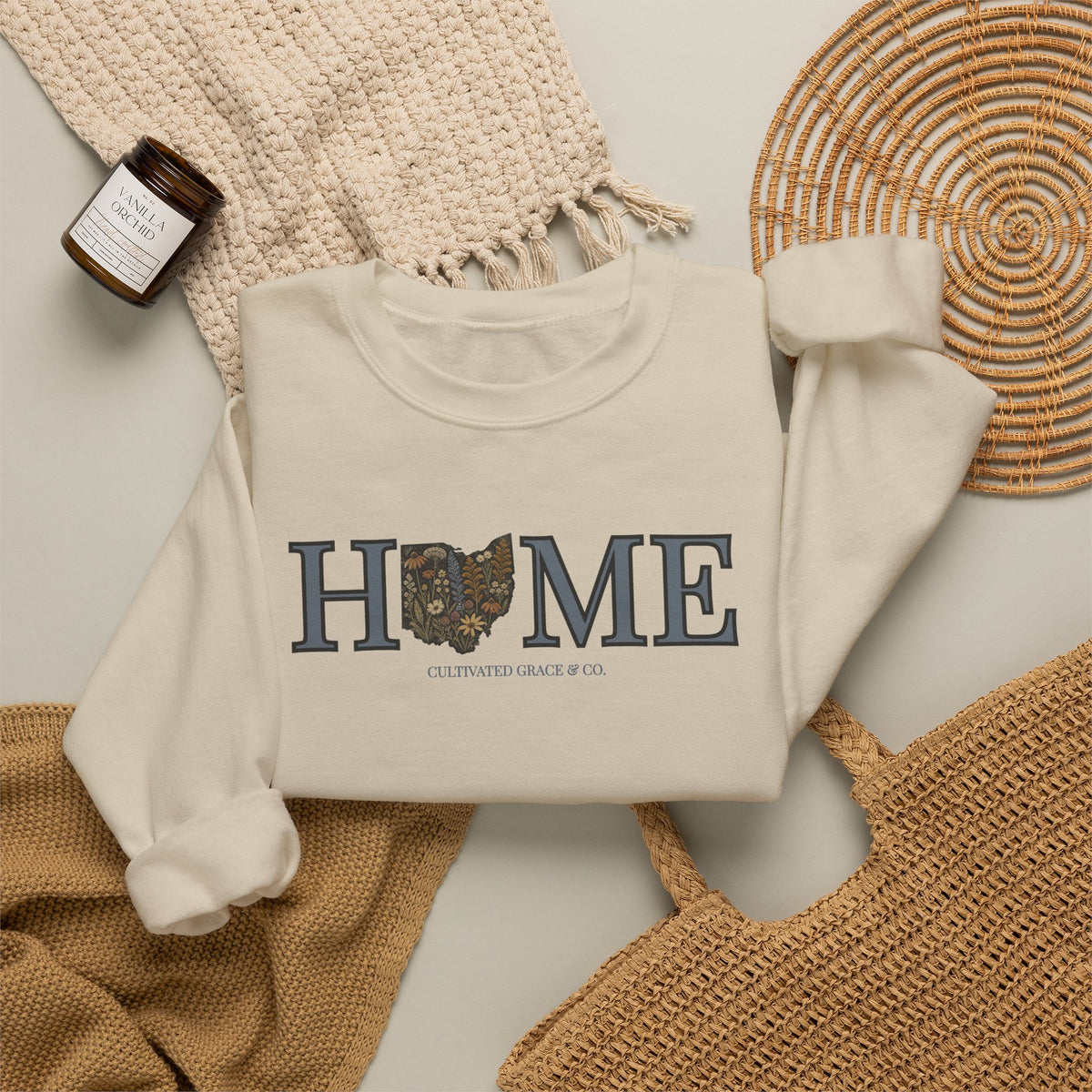 Ohio HOME crewneck in Sand, folded flat lay
