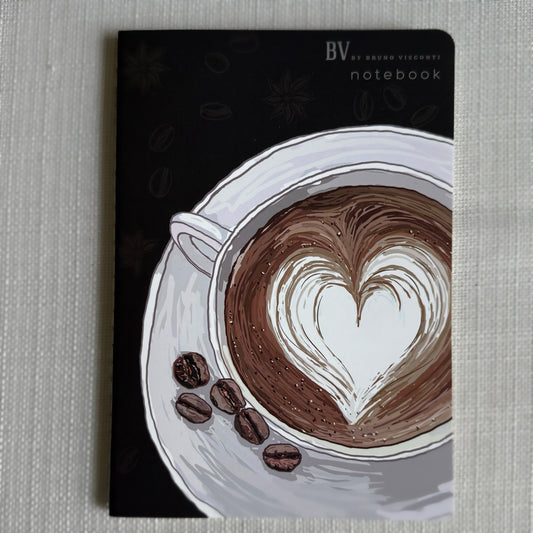 BV by Bruno Visconti notebook with latte-art heart and coffee beans on a black cover