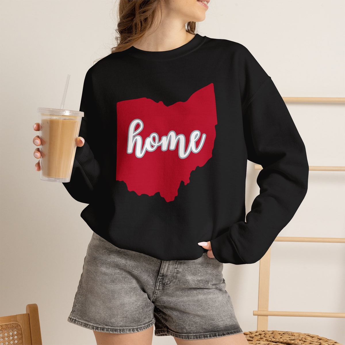Ohio home script crewneck in Black worn with denim shorts