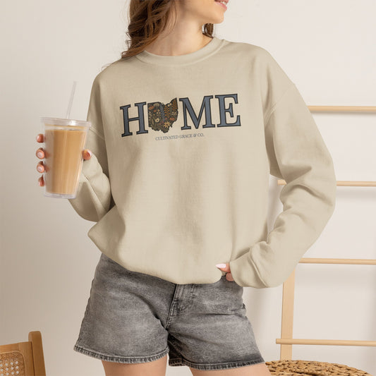 Ohio HOME crewneck in Sand worn with denim shorts