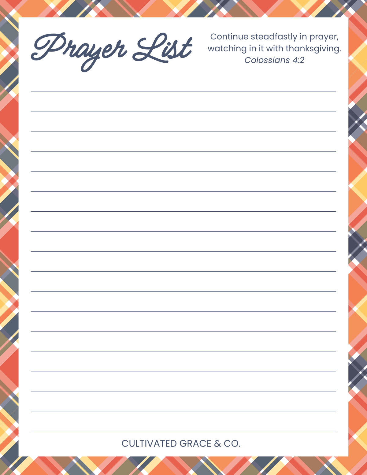 A printable prayer list notepad with lined writing space, a navy script title reading 'Prayer List,' a short scripture note, and a colorful plaid border. The brand name 'Cultivated Grace & Co.