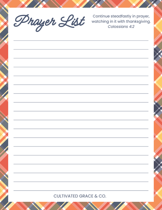 A printable prayer list notepad with lined writing space, a navy script title reading 'Prayer List,' a short scripture note, and a colorful plaid border. The brand name 'Cultivated Grace & Co.