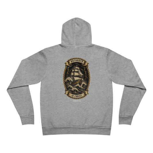 Anchored in Christ hoodie in Athletic Heather, full back tall ship in a storm with rope frame and Hebrews 6:19