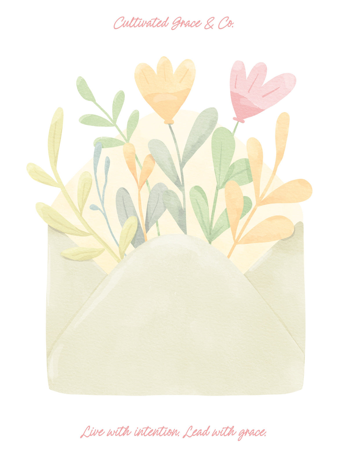 Bright Floral Envelope Notepad page design: a sage watercolor envelope with yellow and pink flowers, with Live with intention. Lead with grace. in pink script below. Artwork preview, not a product photo.