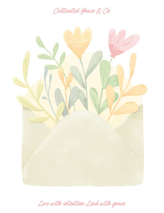 Bright Floral Envelope Notepad page design: a sage watercolor envelope with yellow and pink flowers, with Live with intention. Lead with grace. in pink script below. Artwork preview, not a product photo.