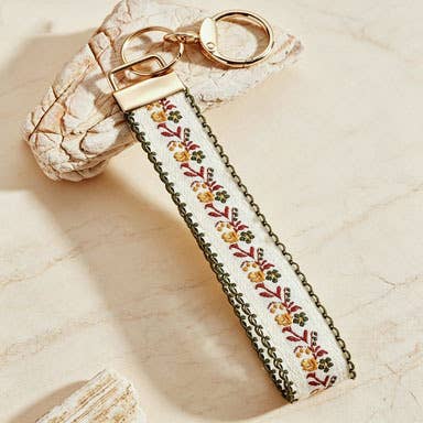 Vintage Floral Embroidery Wrist Lanyard Bag Keychain