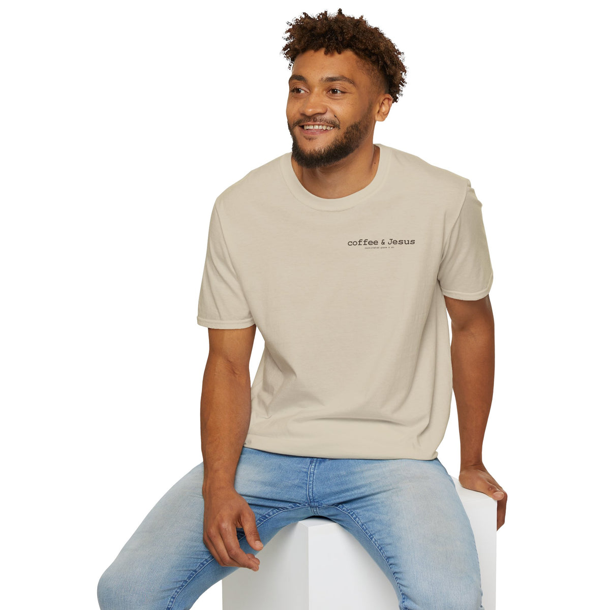 Coffee & Jesus tee in Sand on a man