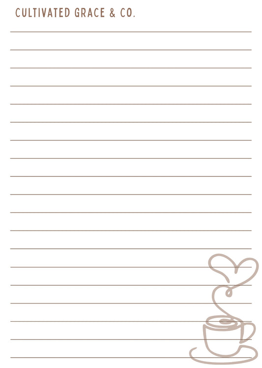 Coffee Heart lined notepad page artwork by Cultivated Grace & Co.