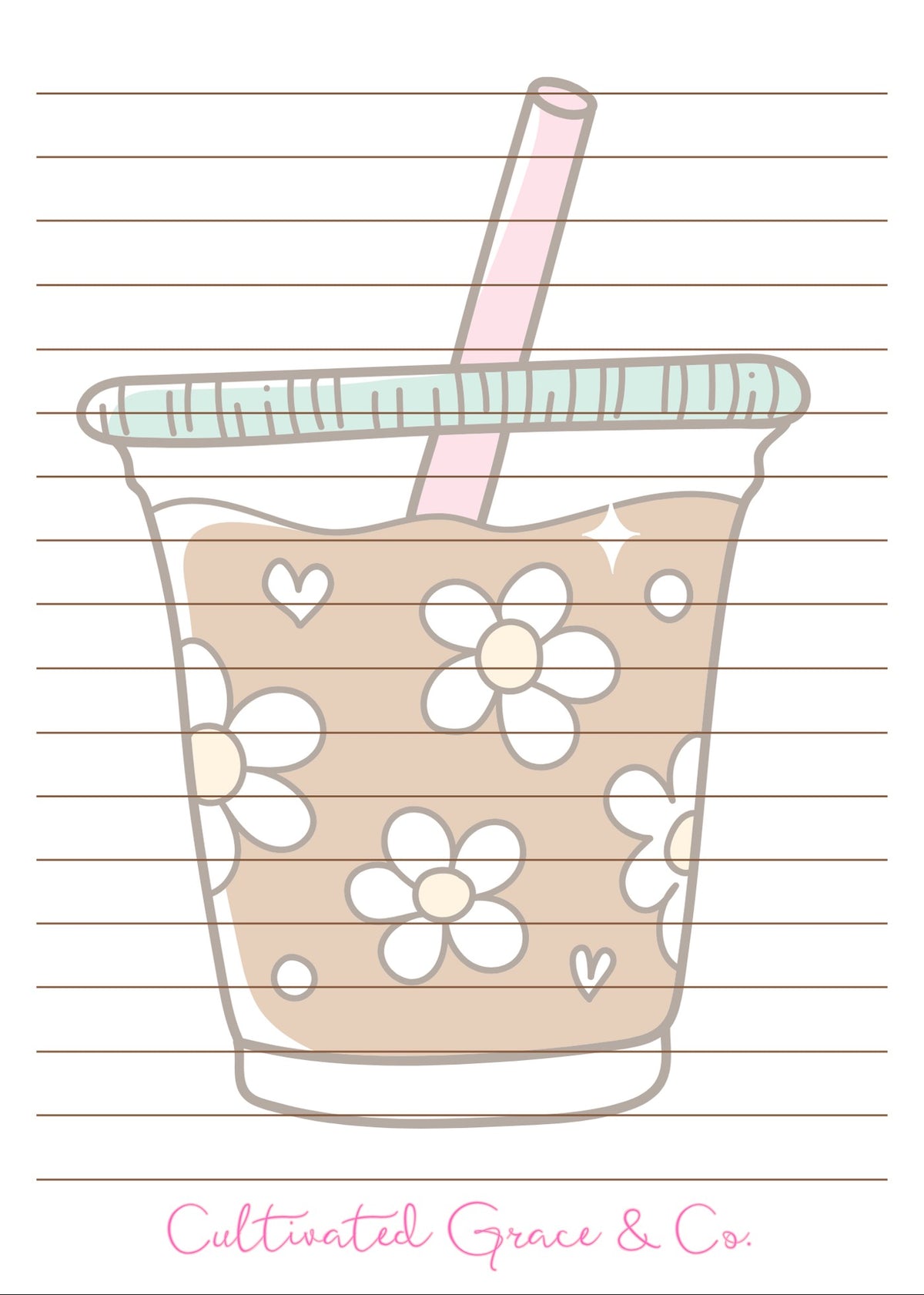 Daisy Iced Coffee lined notepad page artwork by Cultivated Grace & Co.