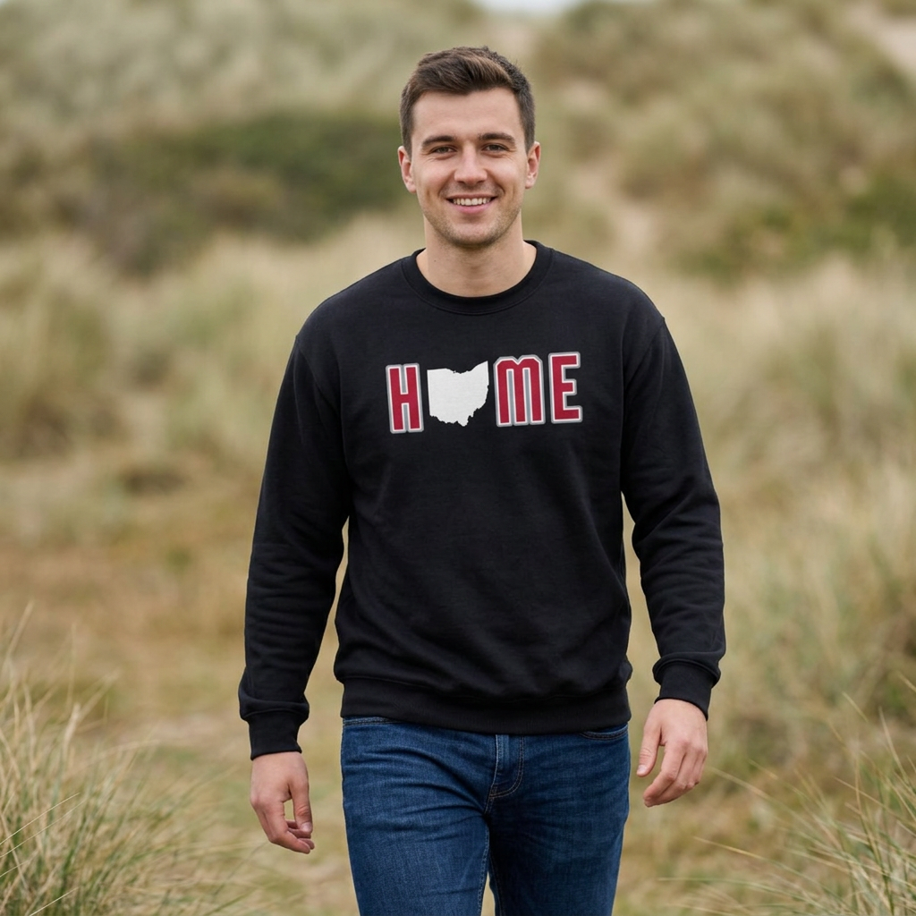 Ohio HOME block letter crewneck in Black worn outdoors
