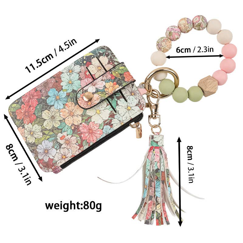 Floral Print Card Holder Colorful Beaded Bracelet Keychain