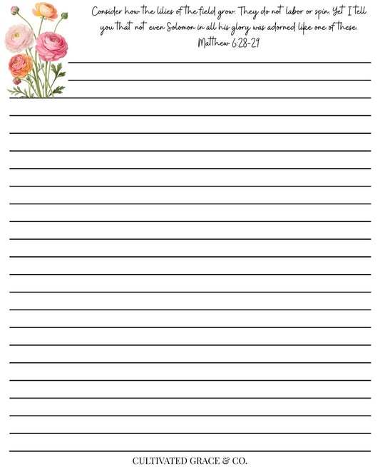 Flowers of the Field lined notepad page design by Cultivated Grace & Co.: coral and pink ranunculus bouquet in the top corner beside Matthew 6:28-29, above charcoal writing lines. Artwork preview, not a product photo.