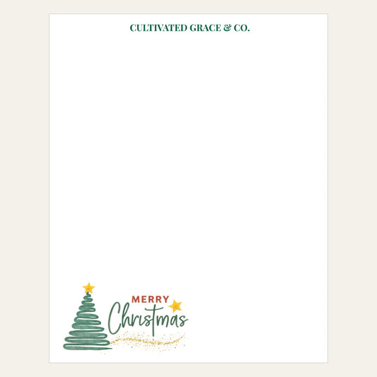 Merry Christmas Tree and Glitter notepad with a green sketched tree, gold star and Merry Christmas