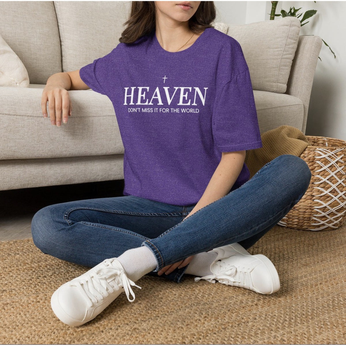 Heaven Don't Miss It for the World tee in Heather Purple, worn