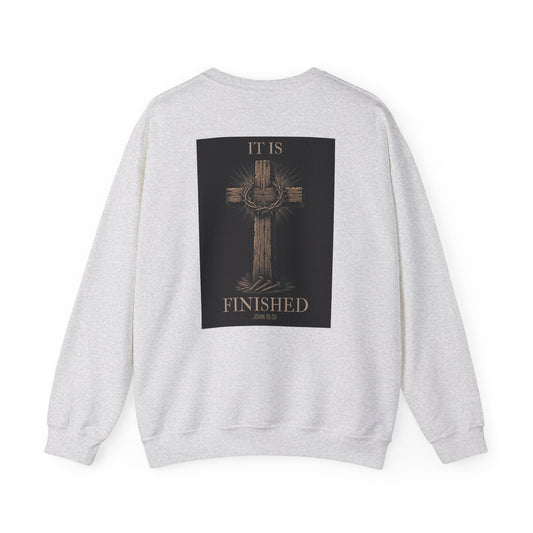 It Is Finished crewneck sweatshirt in Ash, back with wooden cross, crown of thorns, nails and John 19:30