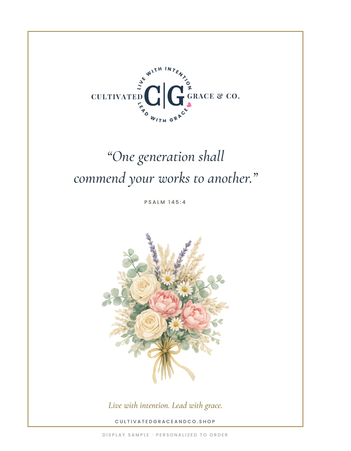 The Legacy Journal Book sample back cover — scripture verse and watercolor bouquet