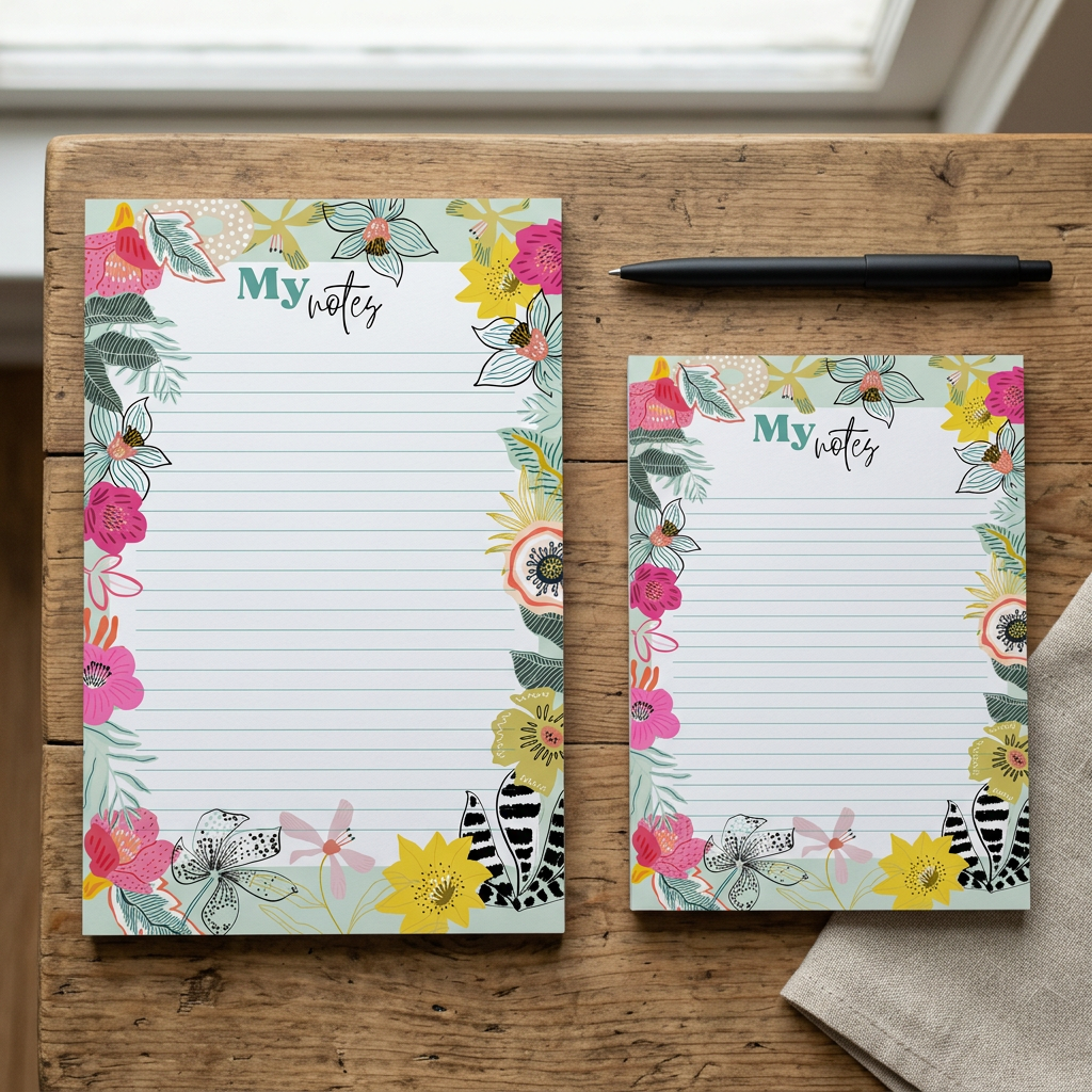 My Notes botanical notepads in both sizes on a rustic wood table
