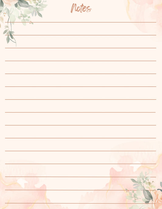 Peach Watercolor Floral lined notepad page artwork by Cultivated Grace & Co.
