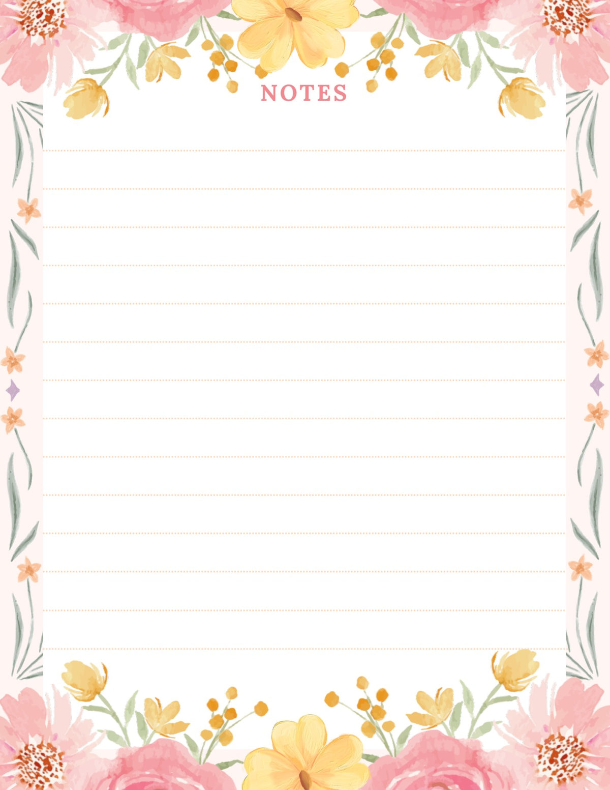 Pink & Yellow Floral Border lined notepad page artwork by Cultivated Grace & Co.