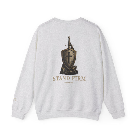 Stand Firm Gildan sweatshirt in Ash, back with sword, shield and cross artwork