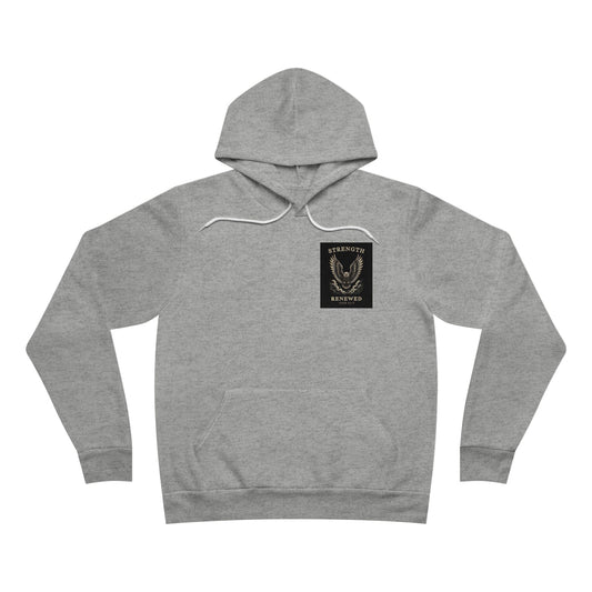 Strength Renewed hoodie in Athletic Heather, front with small eagle chest print