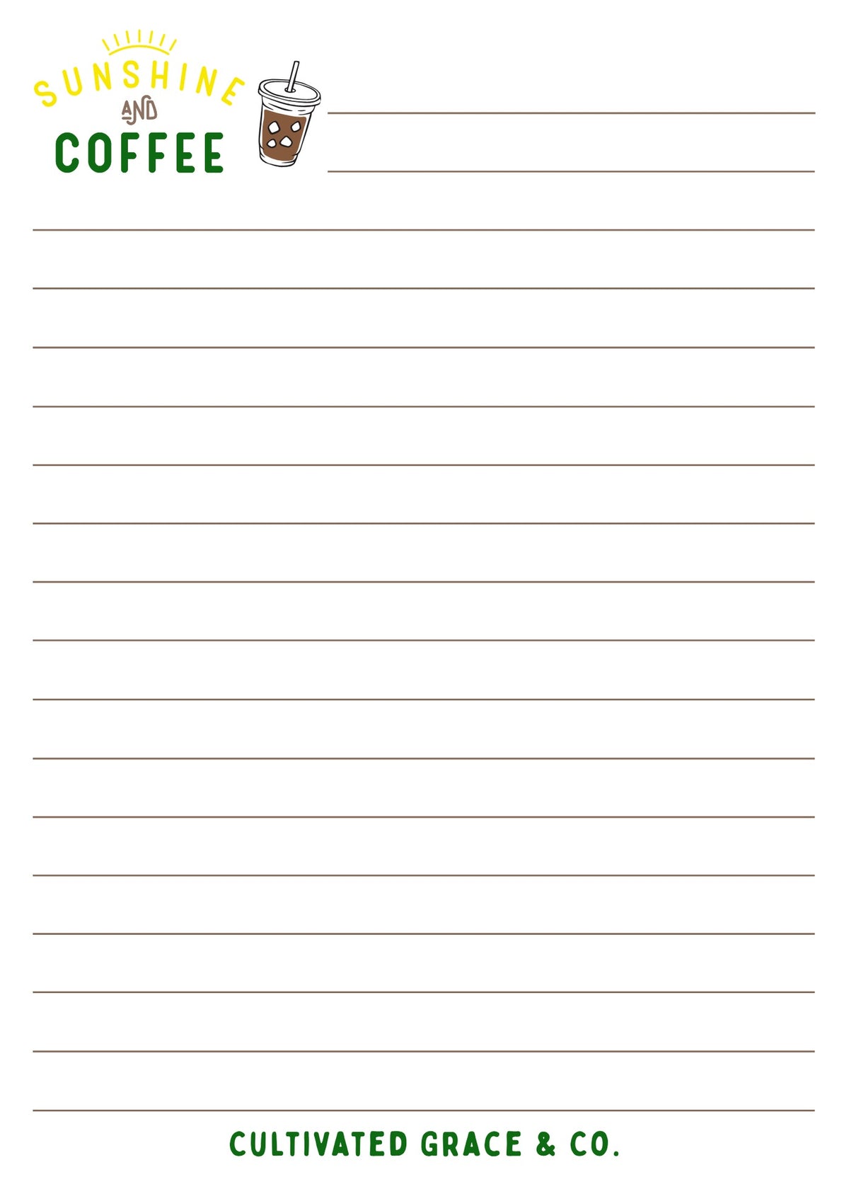 Sunshine and Coffee lined notepad page artwork by Cultivated Grace & Co.