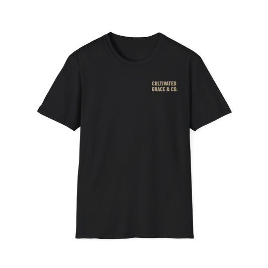 The Lion Has Conquered Gildan Softstyle tee in Black, front with Cultivated Grace & Co. left-chest print