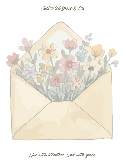 Vintage Floral Envelope Notepad page design: a large cream watercolor envelope filled with soft pink, yellow and sage flowers, with Live with intention. Lead with grace. in script below. Artwork preview, not a product photo.