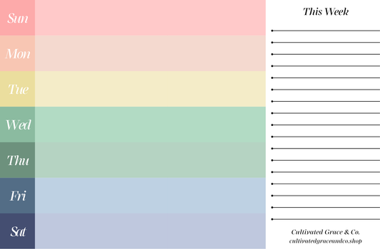 Weekly Desk Planner Pad page layout: seven soft rainbow color-banded rows, Sunday through Saturday, beside a lined This Week column, with Cultivated Grace & Co. at the bottom. Layout preview, not a product photo.