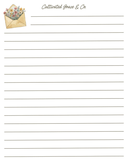 Wildflower Envelope Lined Notepad page design: a small watercolor envelope of wildflowers in the top left corner above taupe writing lines. Artwork preview, not a product photo.