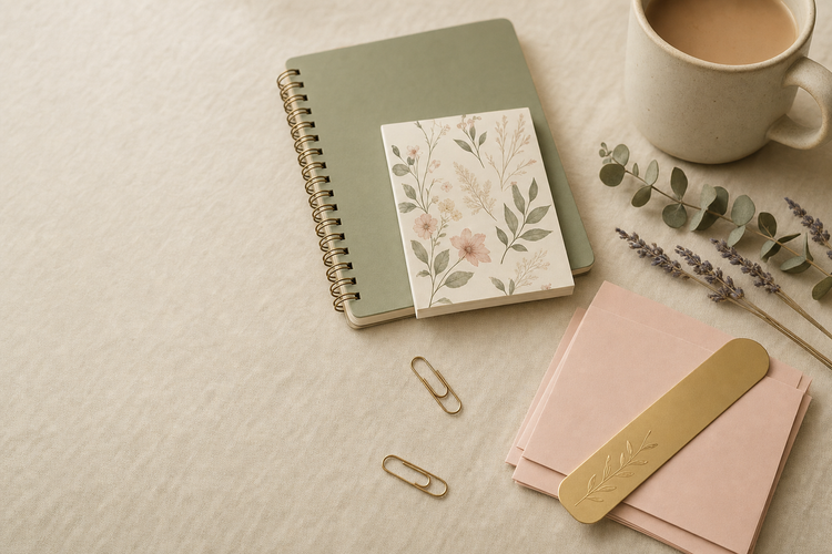 Everyday Stationery collection banner — sage notebook, floral notepad, blush envelopes, gold bookmark, and cream mug flat-lay by Cultivated Grace & Co.