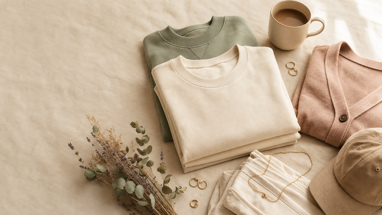 Apparel collection banner — folded cream tee, sage sweatshirt, blush cardigan, cap, and eucalyptus flat-lay by Cultivated Grace & Co.