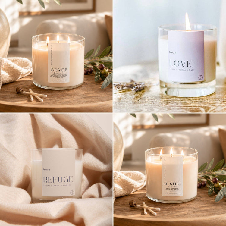 Four soy candles from the Candles collection: Grace, Love, Refuge and Be Still