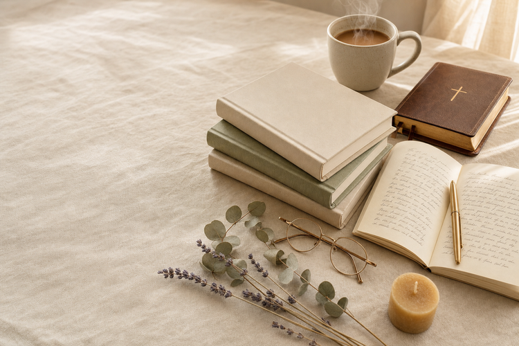 Books & Devotionals collection banner — stacked devotional books, open journal with gold pen, brown leather Bible, cream mug, and eucalyptus flat-lay by Cultivated Grace & Co.
