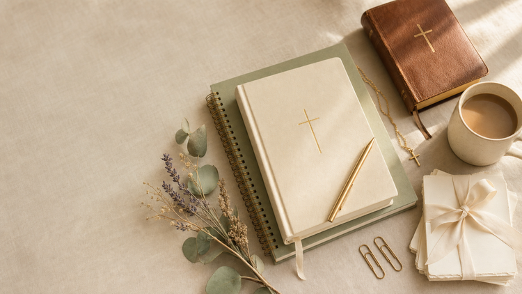 Faith Journals & Stationery collection banner — cream prayer journal with gold cross, sage notebook, brown leather Bible, ribbon-tied scripture cards, gold pen, and eucalyptus flat-lay by Cultivated Grace & Co.