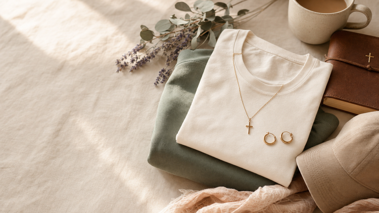 Faith Apparel collection banner — folded cream tee, sage sweatshirt, gold cross necklace, leather Bible, and eucalyptus flat-lay by Cultivated Grace & Co.