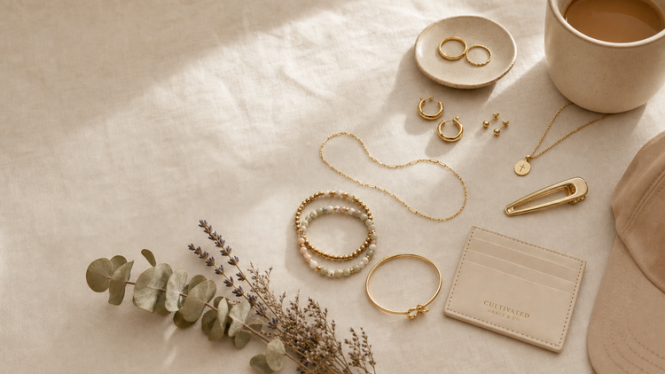 Jewelry & Accessories collection banner — gold necklaces, hoop earrings, bracelets, ring dish, cardholder, and eucalyptus flat-lay by Cultivated Grace & Co.