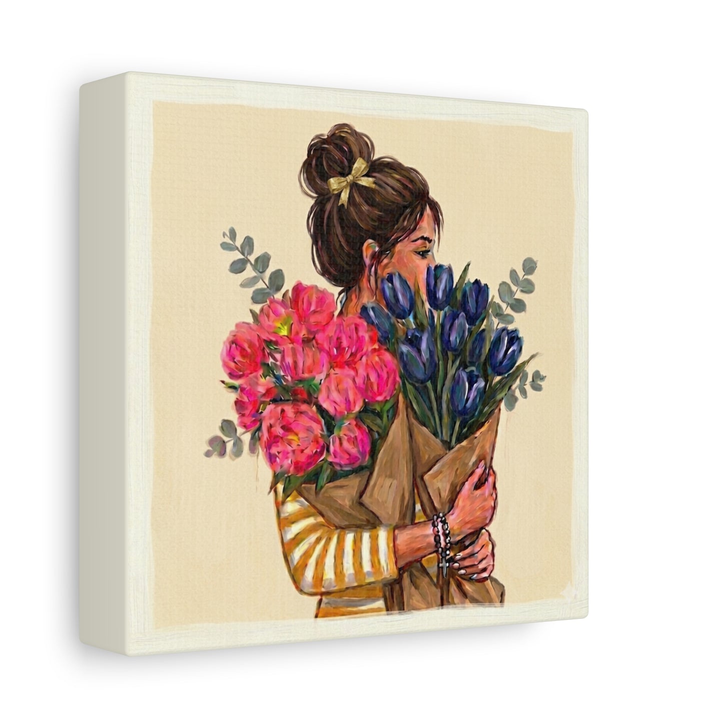 Canvas Wall Art - Woman Hugging Bouquets Floral Painting (Matte Stretched)