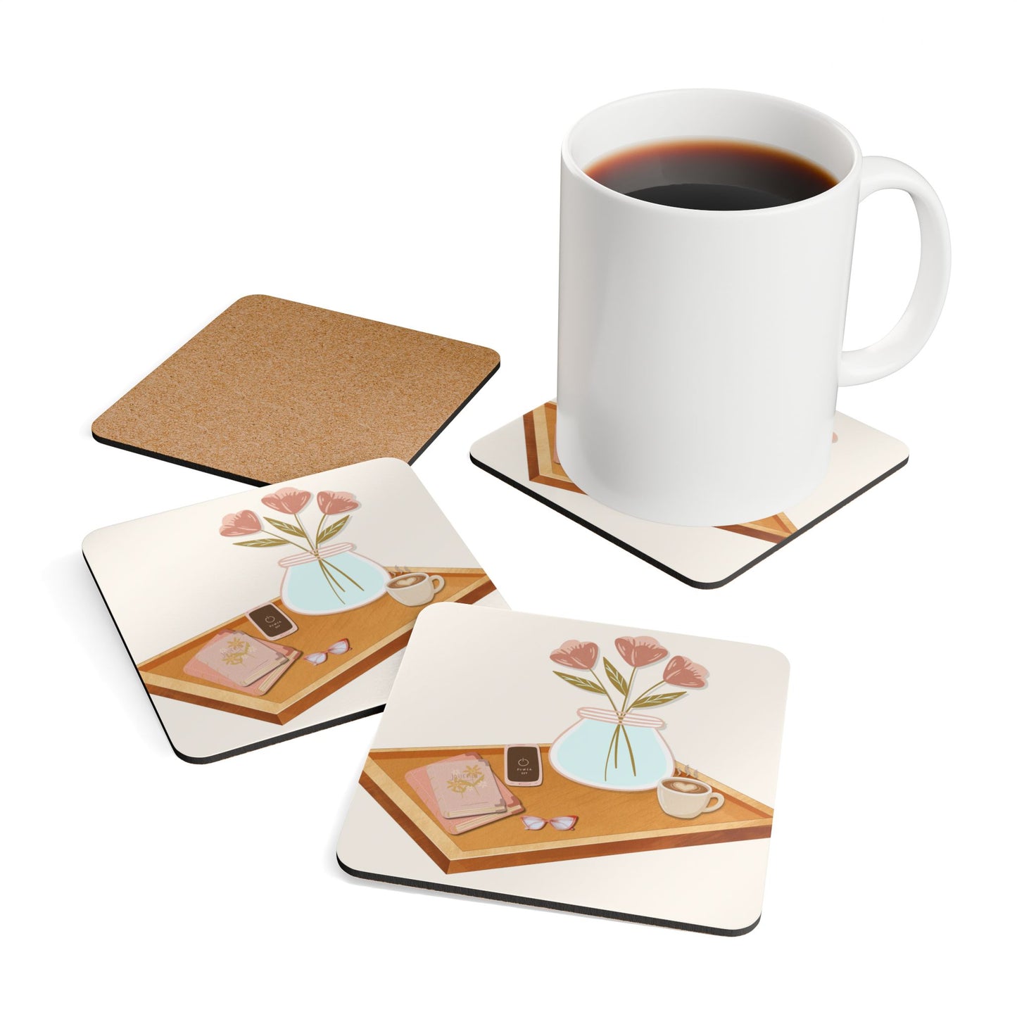 Cozy Morning Corkwood Coaster Set — Boho Still Life Drink Coasters