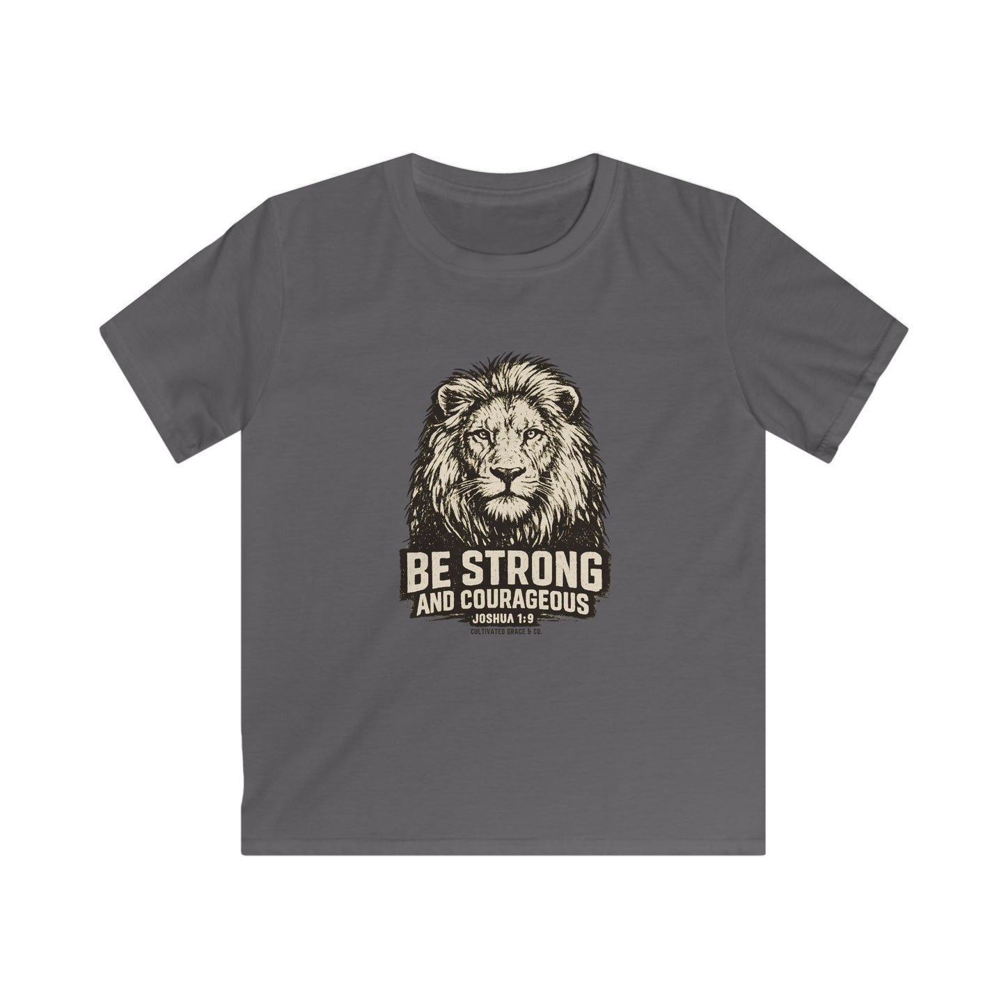 Kids Tee — 'Be Strong and Courageous' Lion Graphic