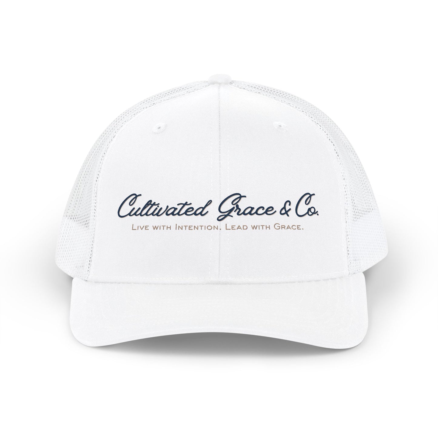 Cultivated Grace Trucker Cap — "Live with Intention, Lead with Grace" Snapback