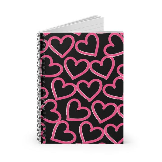 Black & Pink Tossed Hearts Spiral Notebook | Ruled Journal