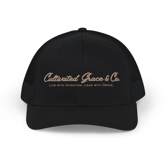 Cultivated Grace Trucker Cap — "Live with Intention, Lead with Grace" Snapback