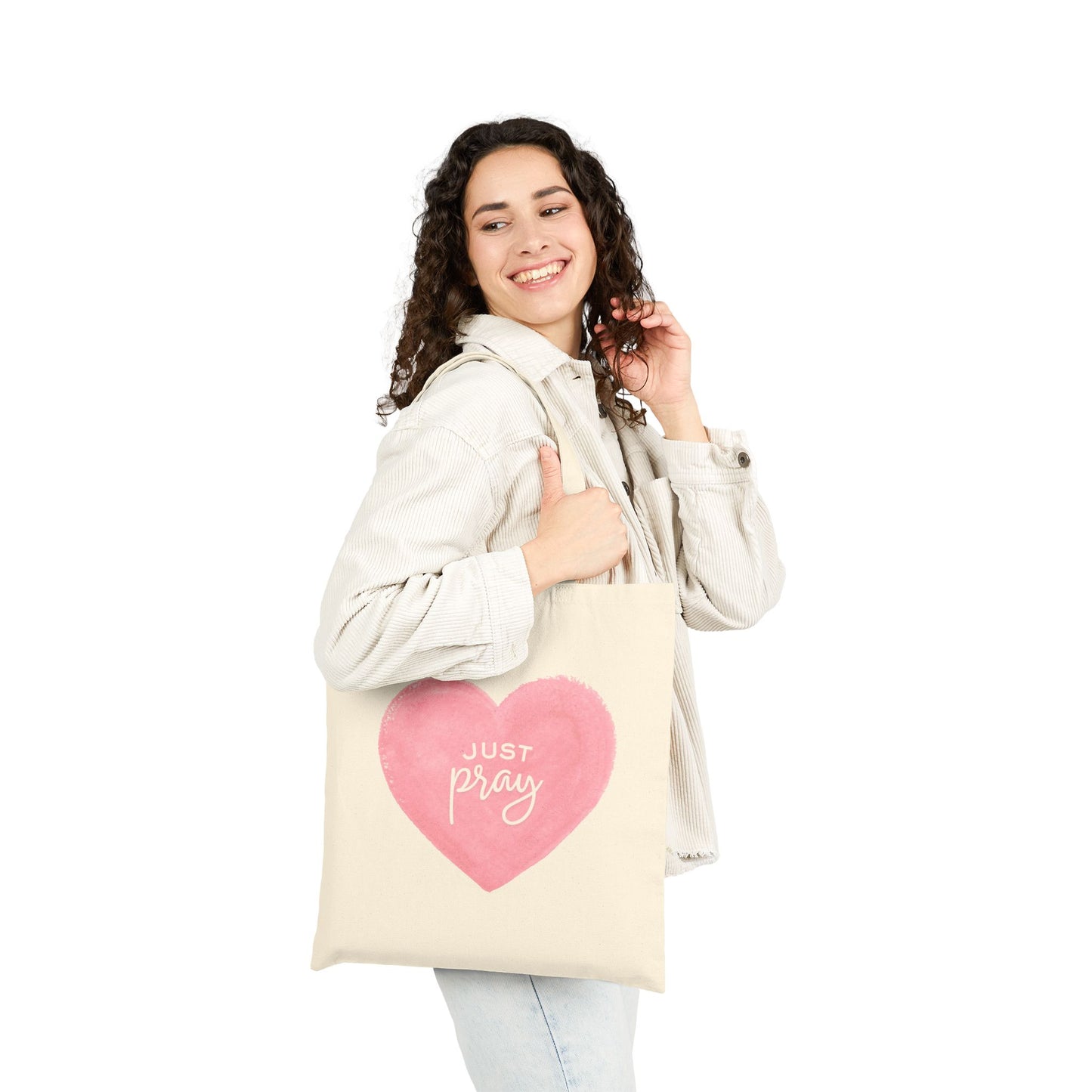 Tote Bag — 'Just Pray' Pink Heart Canvas Tote (Faith-Inspired Everyday Shopper)