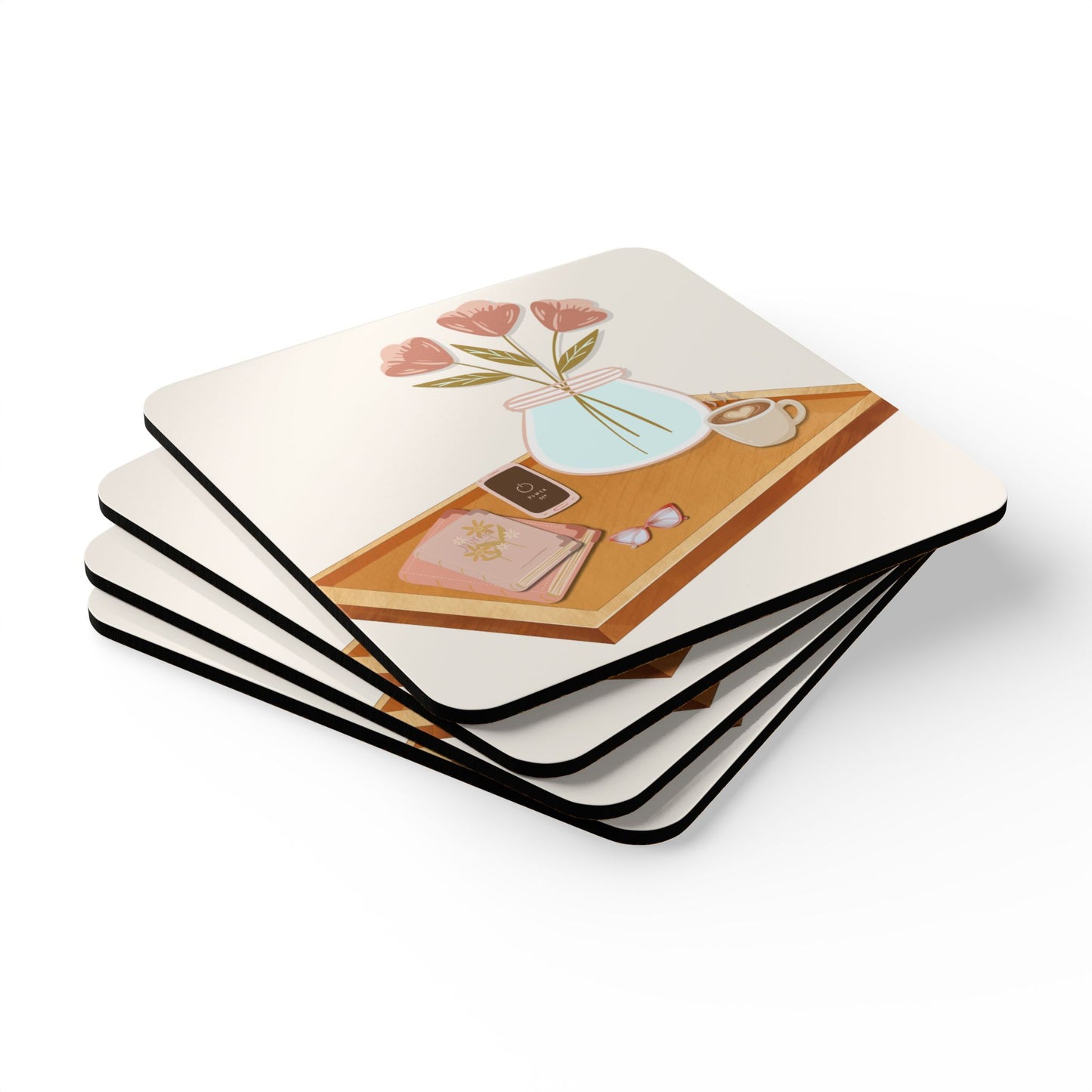 Cozy Morning Corkwood Coaster Set — Boho Still Life Drink Coasters