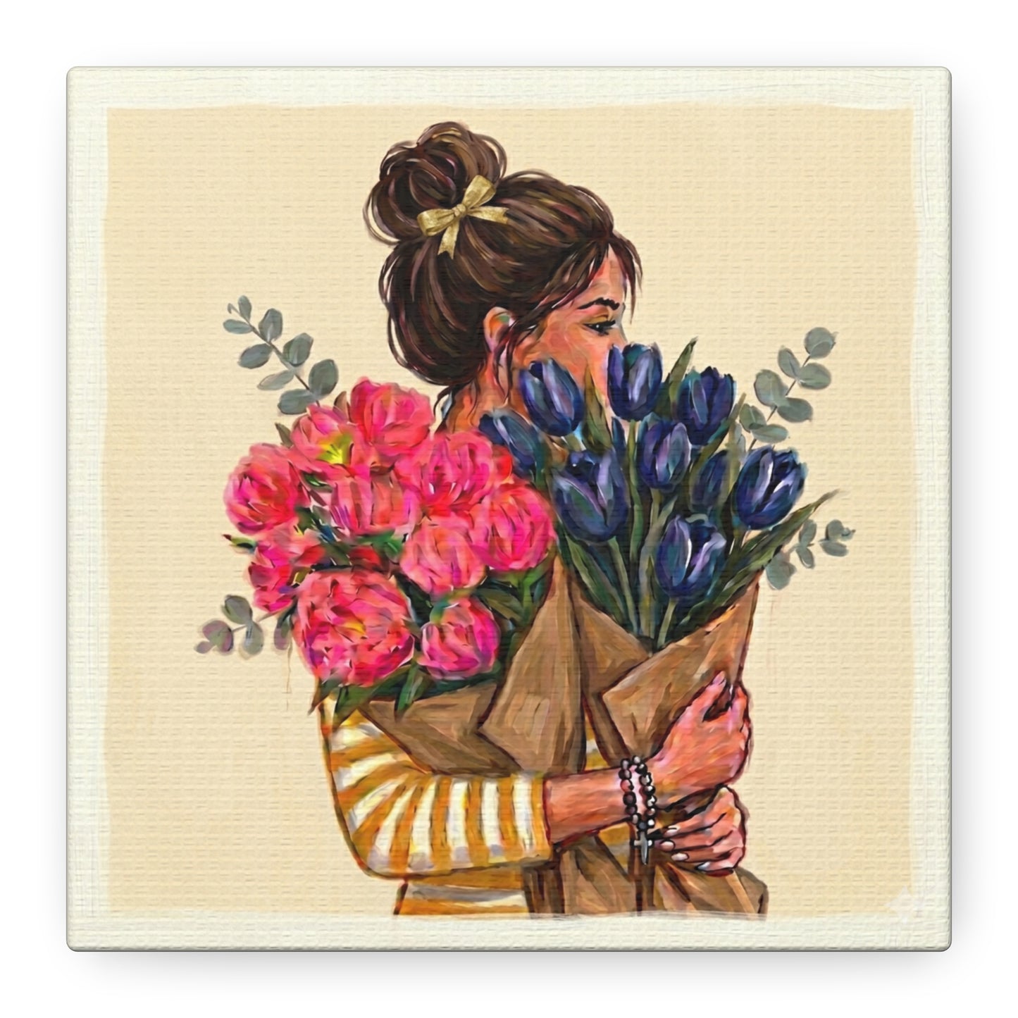 Canvas Wall Art - Woman Hugging Bouquets Floral Painting (Matte Stretched)
