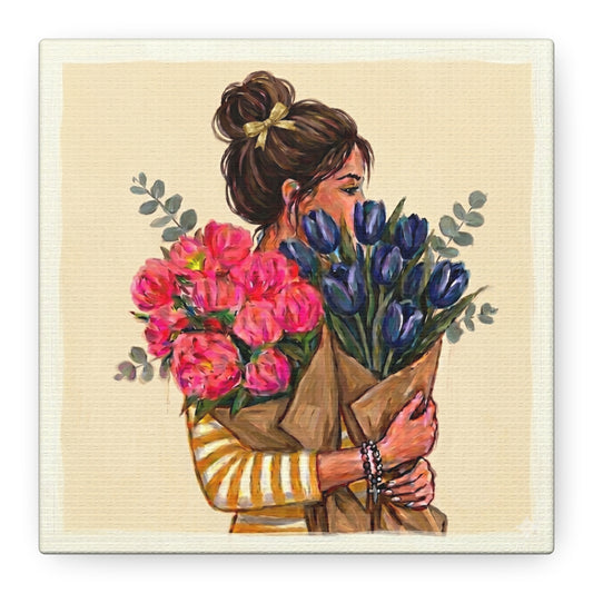 Canvas Wall Art - Woman Hugging Bouquets Floral Painting (Matte Stretched)